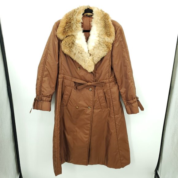 VTG fleet street Rabbit Fur Collar Belted Nylon Insulated Trench Coat L/XL - Picture 1 of 15
